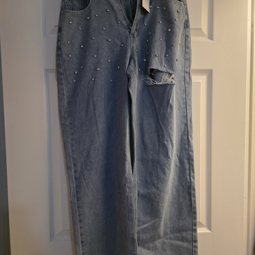 Women's Light Blue Jeans with Rhinestone Embellishments